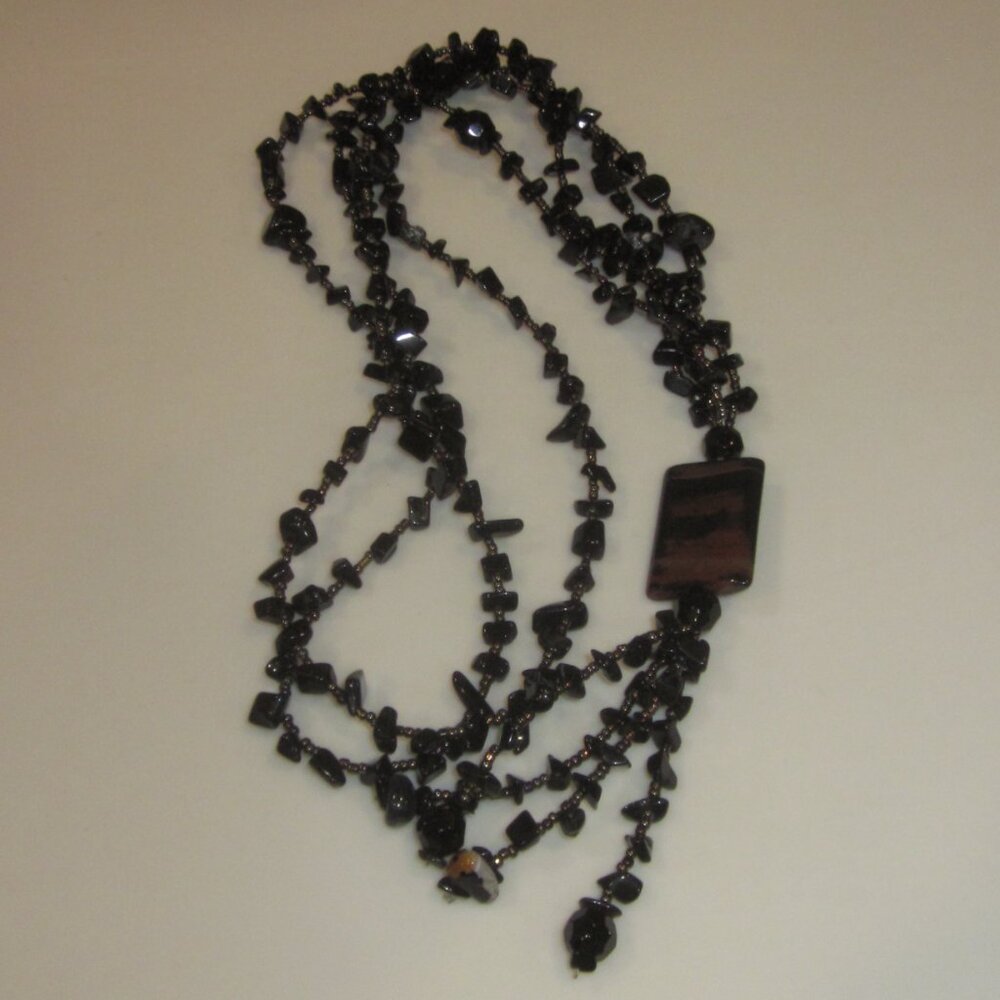Long Black Obsidian or Glass Beaded Necklace - Picture 7 of 7